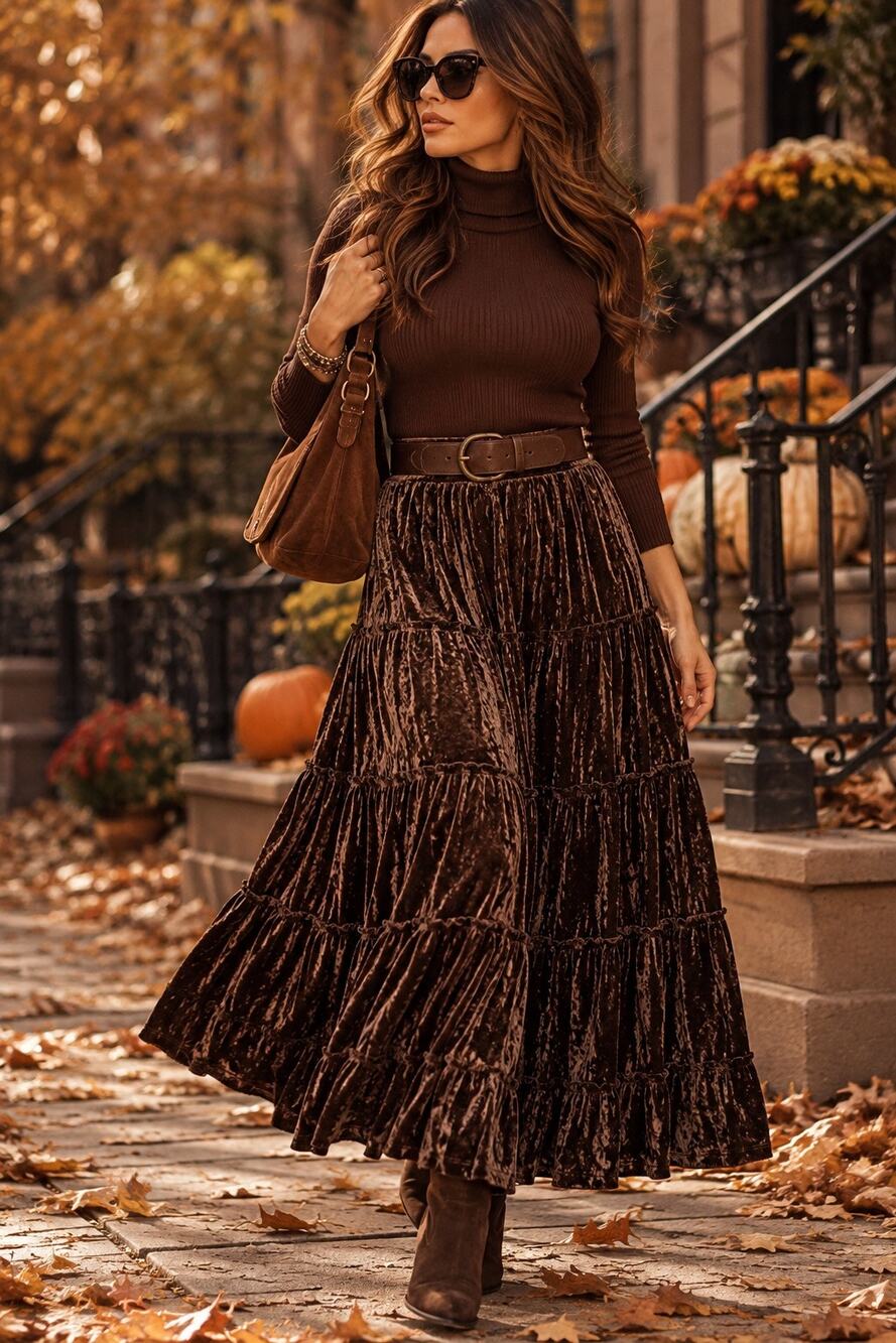 VTG Y2K MIXIT Petite L Brown Crushed Velvet Tiered Maxi Skirt Whimsigoth Boho